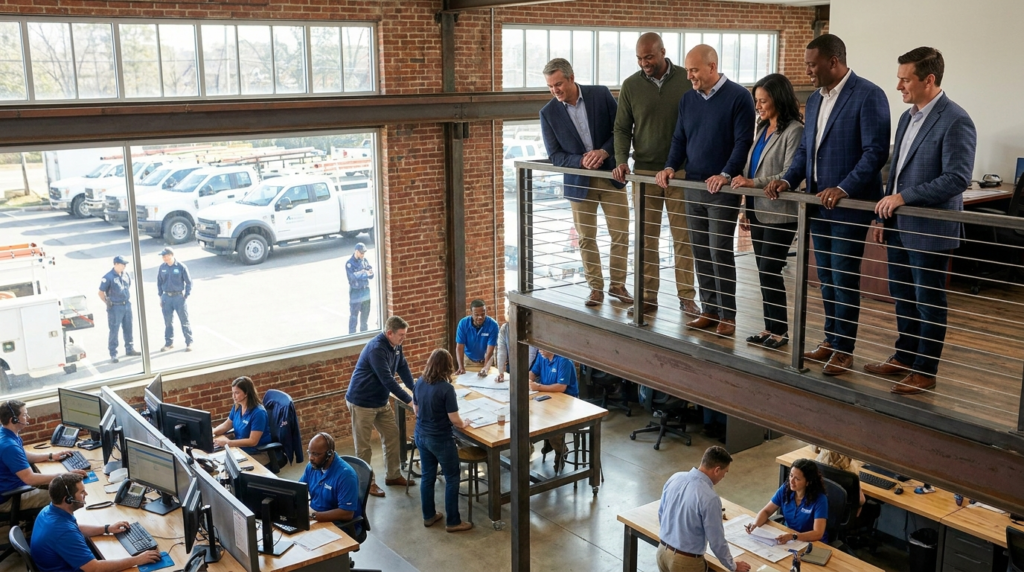A group of business people watching the company employees working in the office