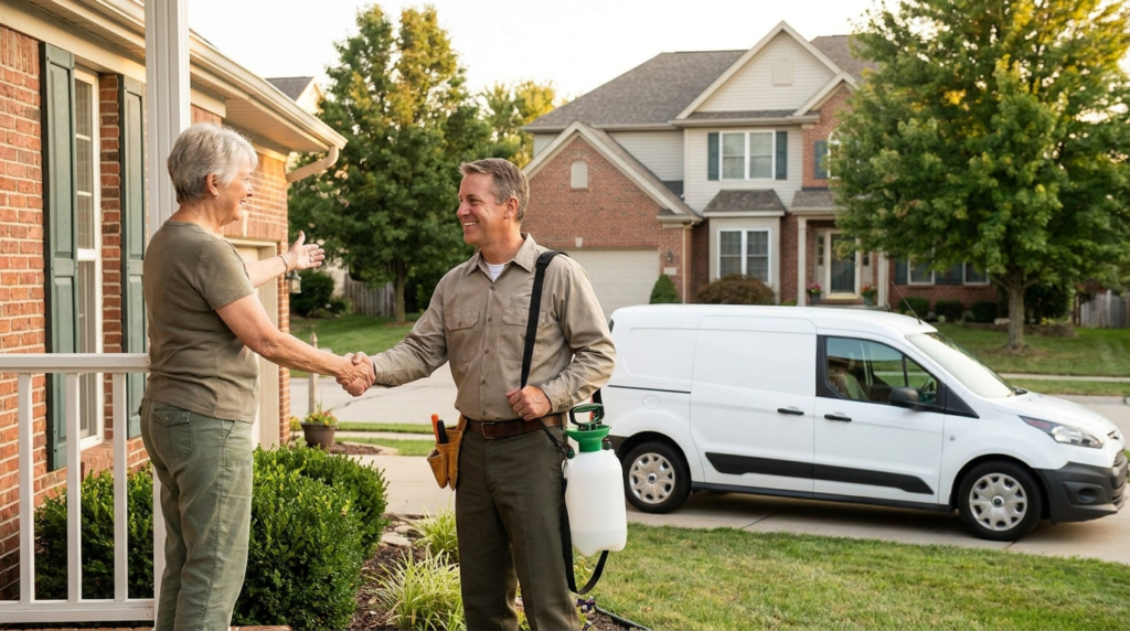 Pest Control company business man greeting a homeowner