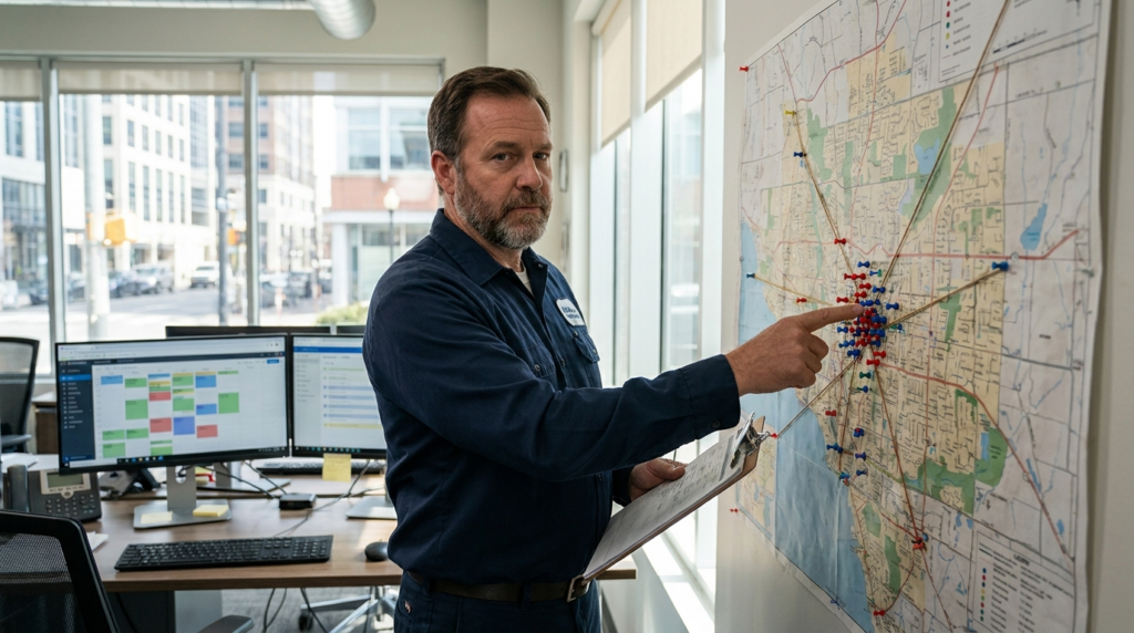 Business man with a map marking routes for pest control services